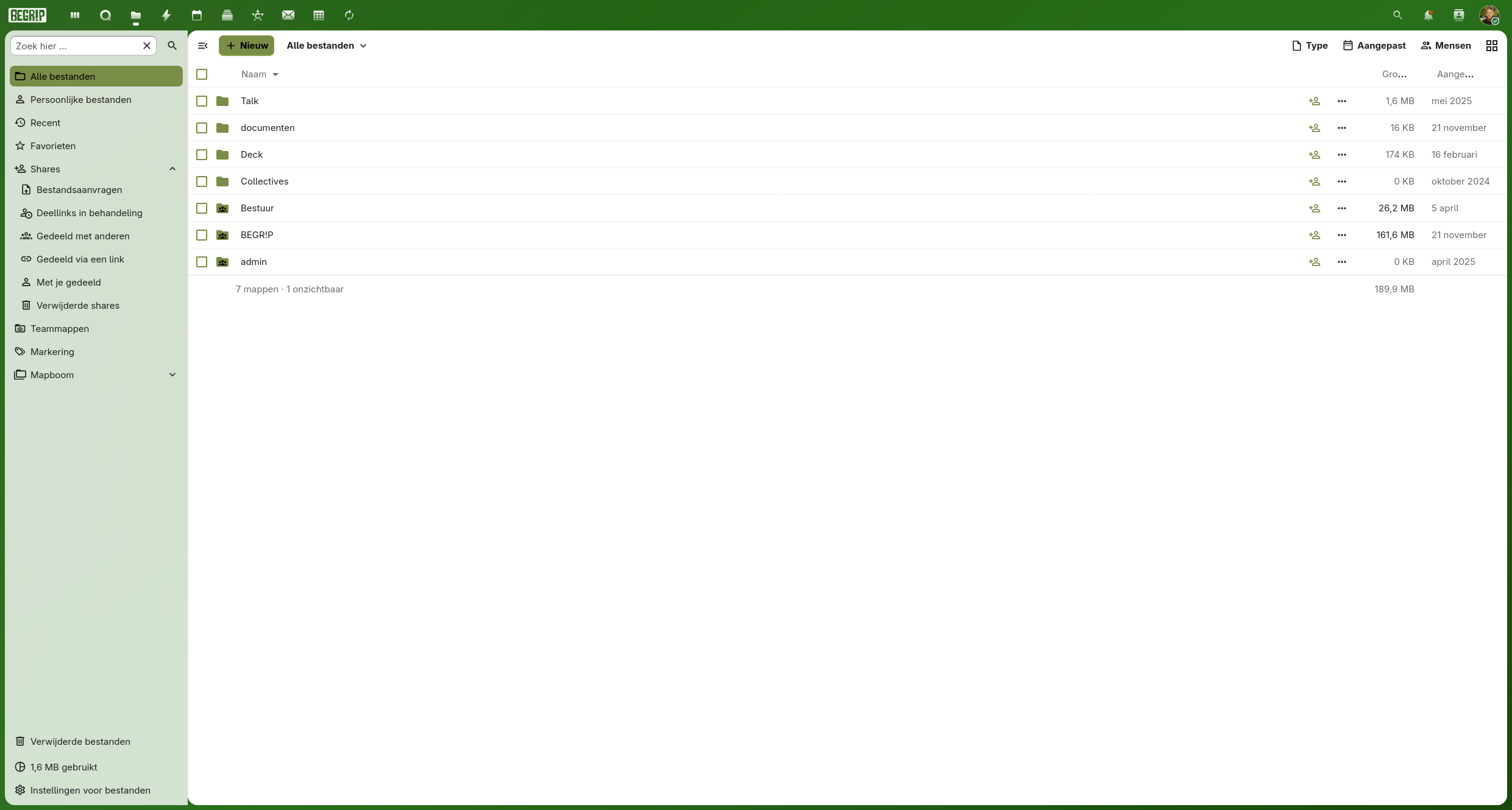 Bestandenoverzicht in de Nextcloud-omgeving van BEGR!P