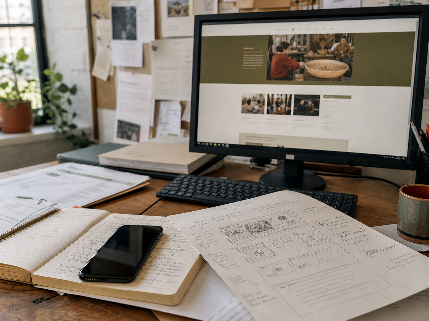 Planningsnotities en een monitor met een organisatiesite op de achtergrond