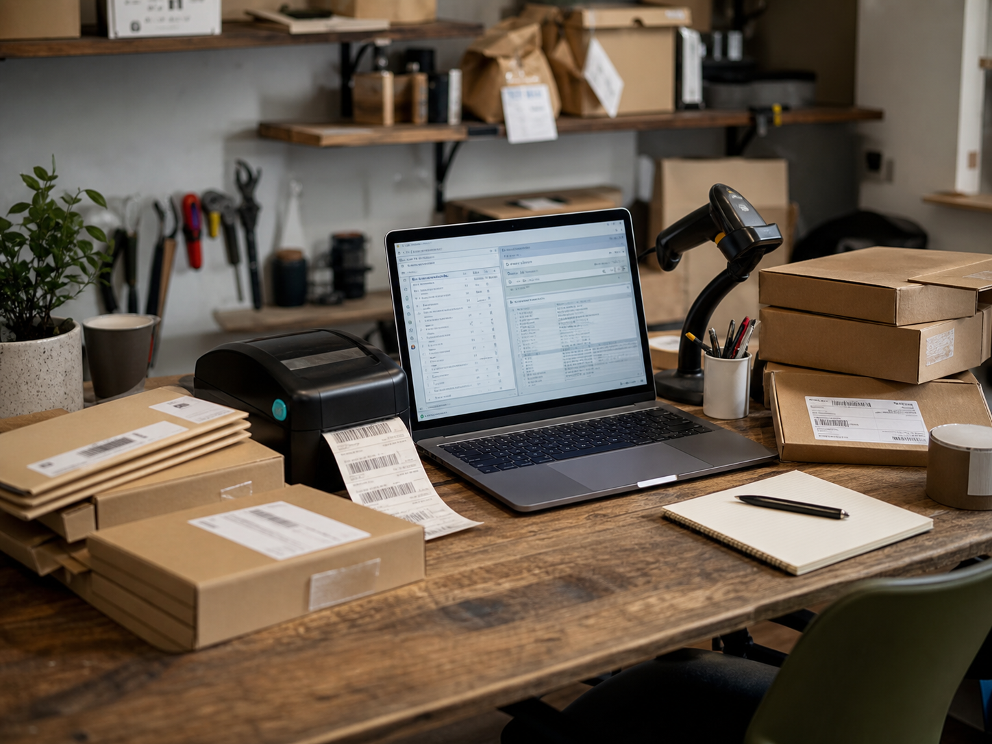 Paktafel met laptop, labels en dozen in een kleine werkruimte