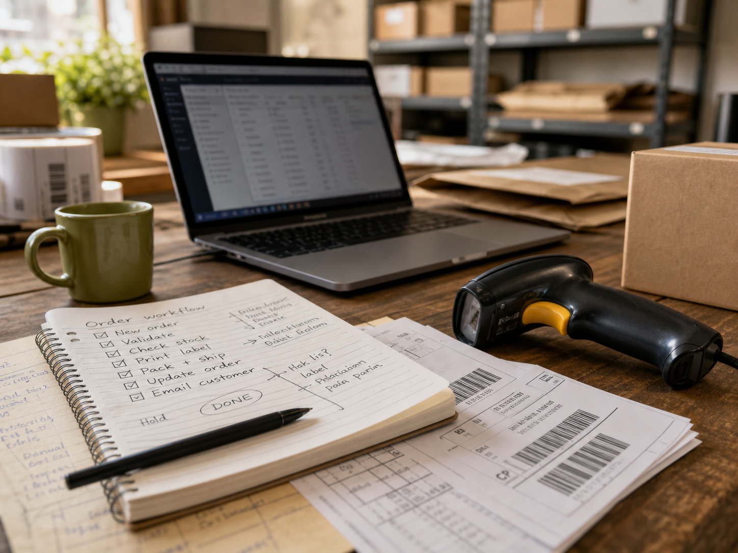 Workflownotities, labels en scanner naast een laptop